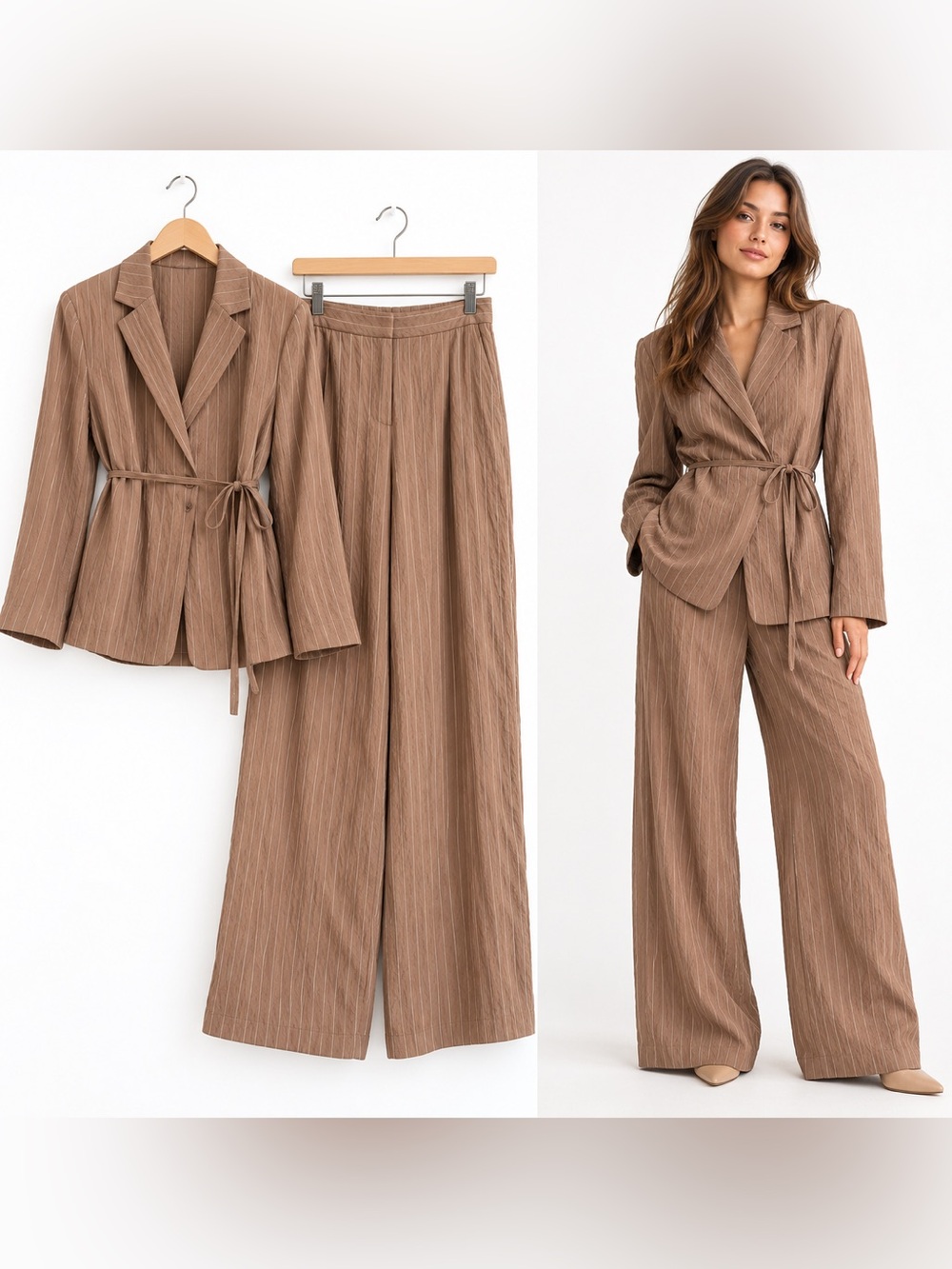 Zara Brown Pinstripe 2-Piece Pantsuit Blazer Wide Leg Pants M
